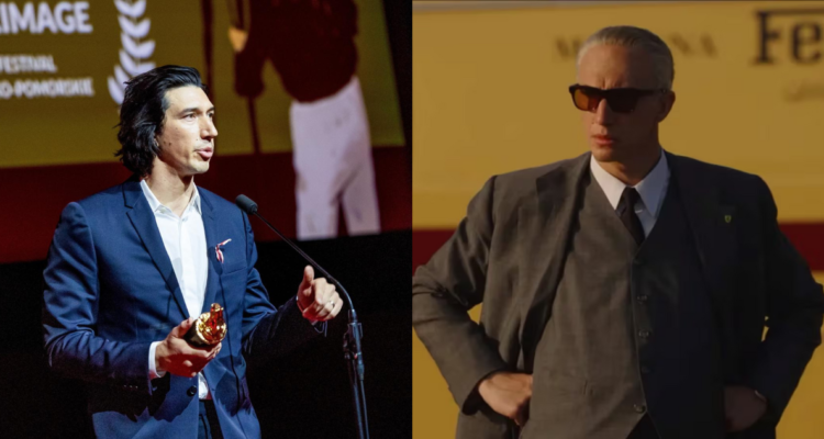Adam Driver en la gala EnergaCAMERIMAGE (izquierda) y en la película Ferrari (derecha)