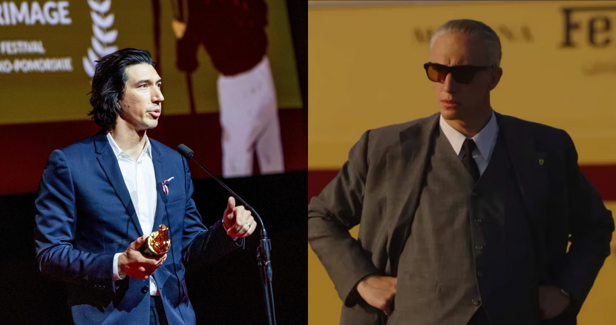 Adam Driver en la gala EnergaCAMERIMAGE (izquierda) y en la película Ferrari (derecha)