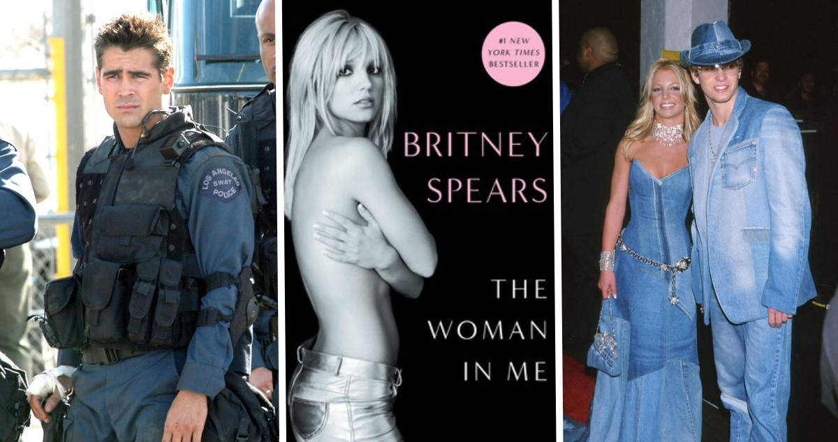 Colin Farrell en Swat (izquierda), portada de ‘La mujer en mi’ de Britney Spears (centro); y la cantante junto a Justin Timberlake (derecha)