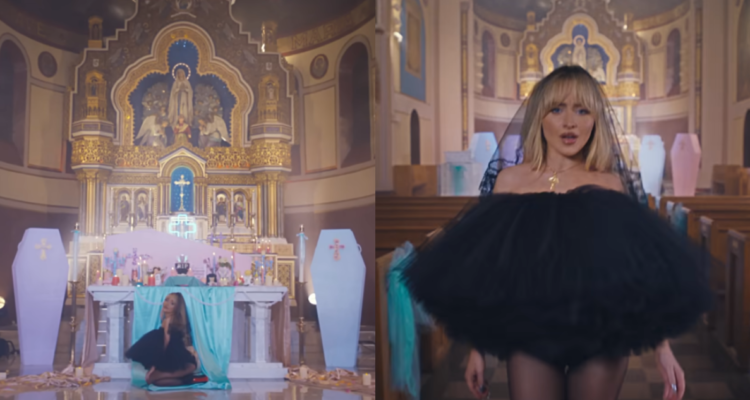 Capturas del video de Feather de Sabrina Carpenter, ex chica disney, en referencia a sacerdote removido por autorizar grabación del video en su iglesia
