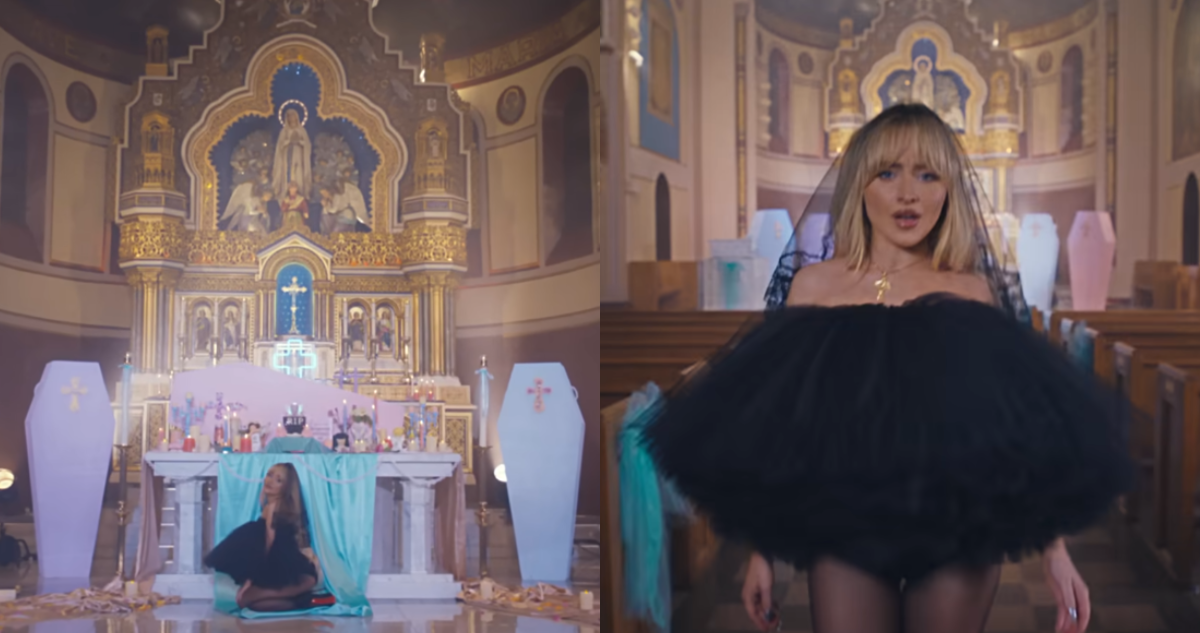 Capturas del video de Feather de Sabrina Carpenter, ex chica disney, en referencia a sacerdote removido por autorizar grabación del video en su iglesia
