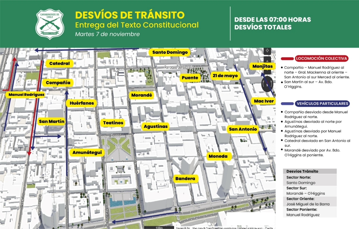 Implementan diversos desvíos en el centro de Santiago ante entrega de propuesta constitucional