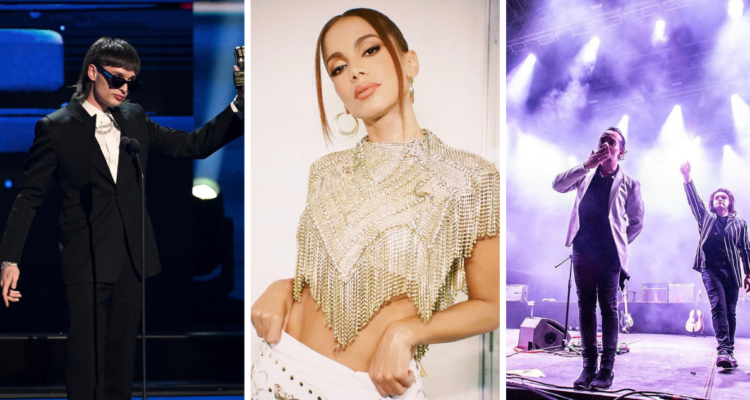 Peso Pluma (izquierda), Anitta (centro) Los Bunkers (derecha) en referencia a parrilla del Festival de Viña