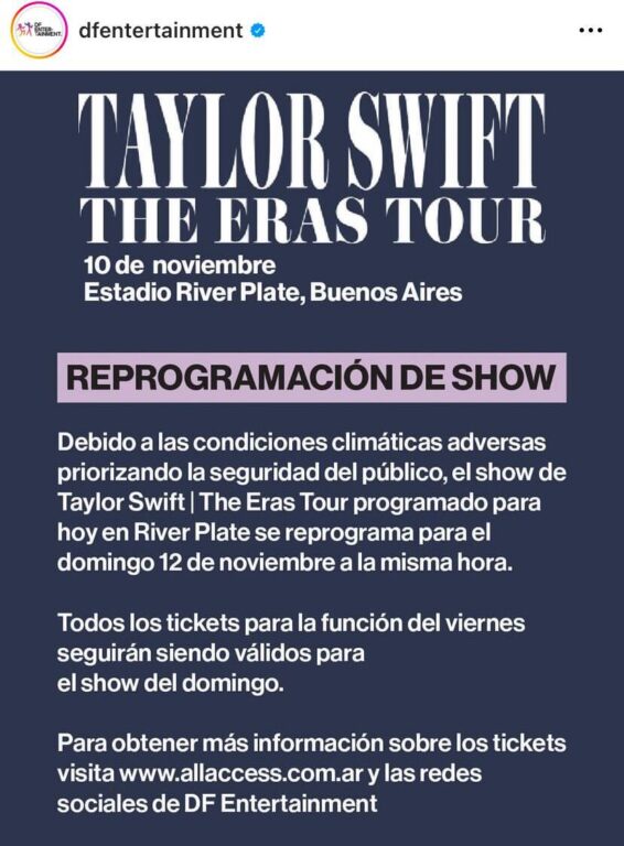 "No voy a ponerlos en peligro": Taylor Swift reprograma concierto de este viernes en Argentina