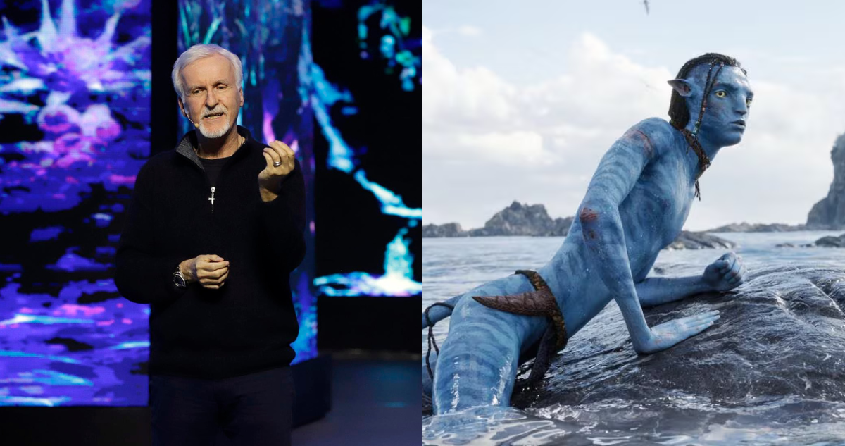 James Cameron (izquierda) y captura de la película Avatar: el camino del agua (derecha)