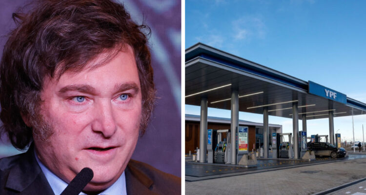 Izquierda: El presidente electo de Argentina, Javier Milei derecha: estación de combustible de ypf