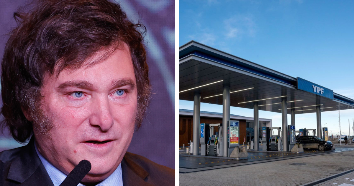 Izquierda: El presidente electo de Argentina, Javier Milei derecha: estación de combustible de ypf