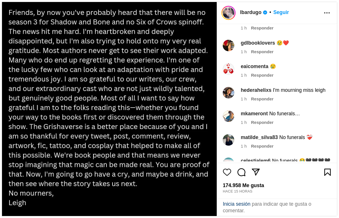 "No mourners": autora Leigh Bardugo expresa decepción por cancelación de "Sombra y hueso" en Netflix