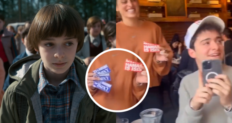 Noah Schnapp en Stranger Things (izquierda) y en video grabado con amigos (derecha)
