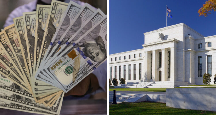 Izquierda: fotografía de dólares derecha | frontis de la reserva federal estadounidense