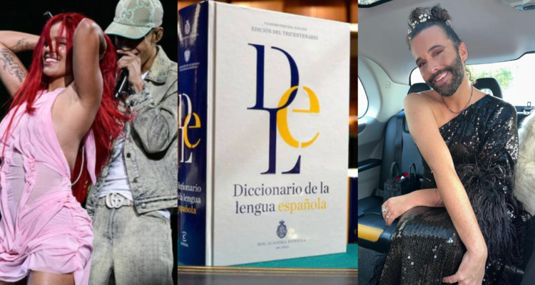 Karol G junto a Cris MJ (izquierda) y Jonathan Van Ness (derecha) en representación de “perreo” y “no binario”, nuevas palabras de la RAE