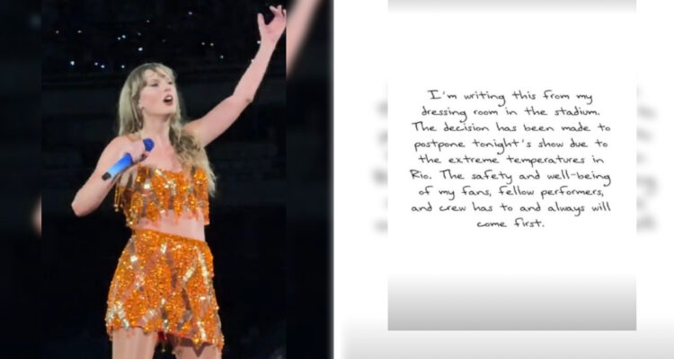 Captura de Taylor swift en concierto en brasil. A la izquierda, comunicado en sus redes sociales