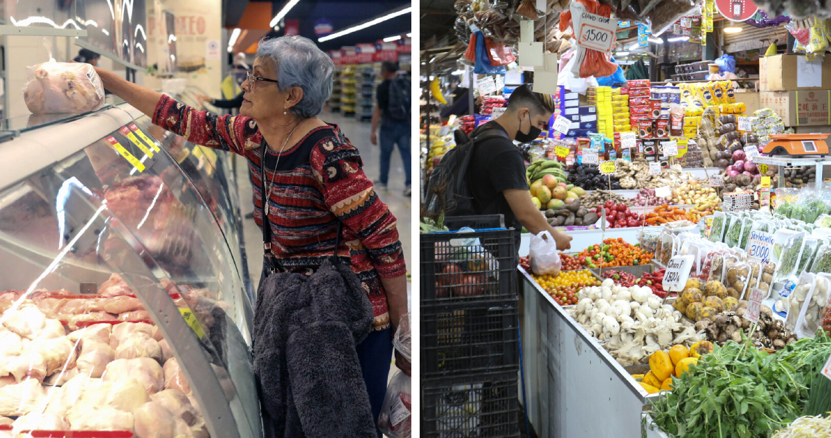 Izquierda: mujer comprando pollo Derecha: hombre comprando verduras