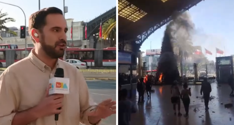 Reportero Gabriel Alegría del equipo Tu Día (izquierda) y Árbol de Navidad de Estación Central quemado (derecha)