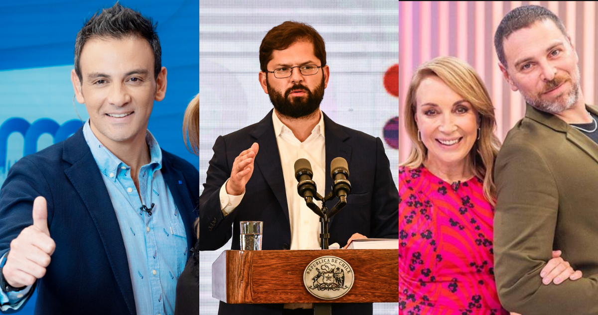 Gonzalo Ramírez (izquierda); Gabriel Boric (centro) y José Antonio Neme junto a Karen Doggenweiller (derecha) en referencia a las declaraciones del presidente sobre los matinales