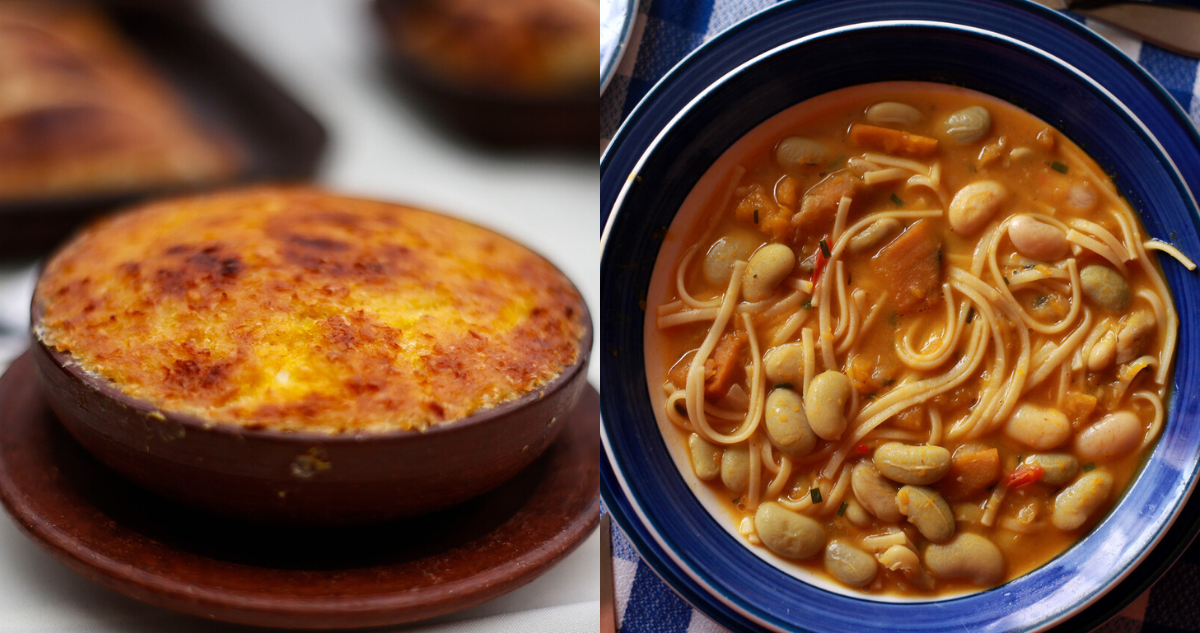 Plato de Pastel de Choclo (izquierda) y de Porotos con rienda (derecha) en referencia a la elección de la cocina chilena como una de las 100 mejores del mundo