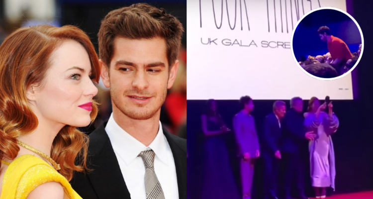 Emma Stone y Andrew Garfield en fotografía compartida en redes (izquierda) y en el estreno de Poor Things (derecha)