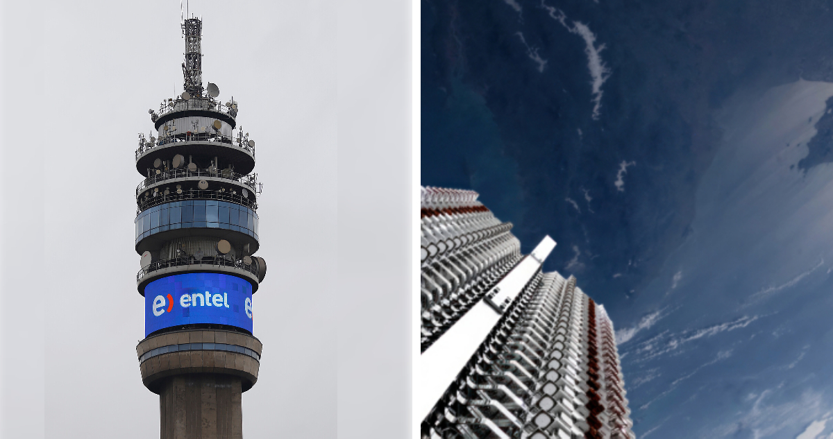 Izquierda: Torre Entel Derecha: satélites Starlink