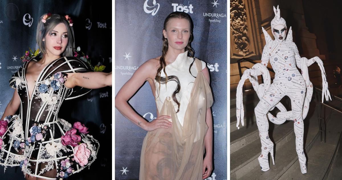 Icata (izquierda), Josefina Montané (centro) e influencer UnSedante (derecha) en Gala Galio, la Met Gala Chilena