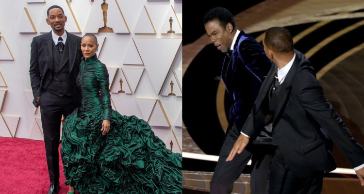 Jada Pinkett Smith junto a Will Smith (izquierda) y captura de la bofetada del actor a Chris Rock en los Óscar (derecha)