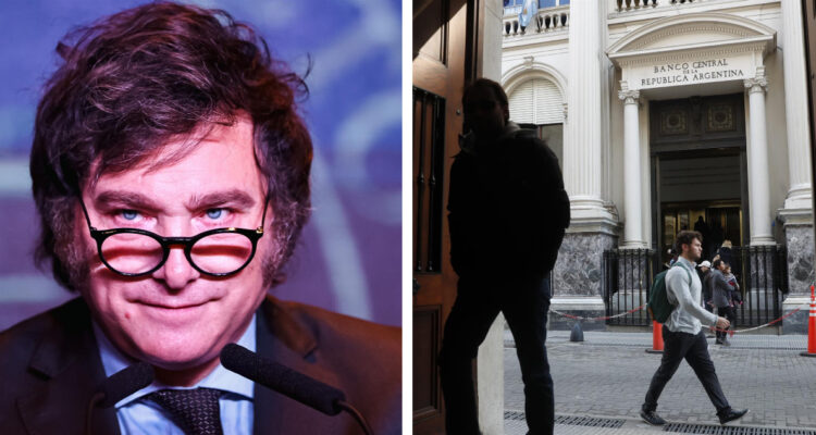 Izquierda: presidente electo argentino, Javier Milei derecha: fotografía del banco central argentino