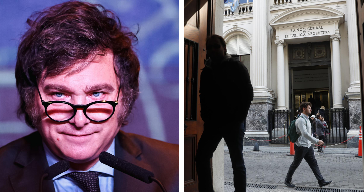 Izquierda: presidente electo argentino, Javier Milei derecha: fotografía del banco central argentino