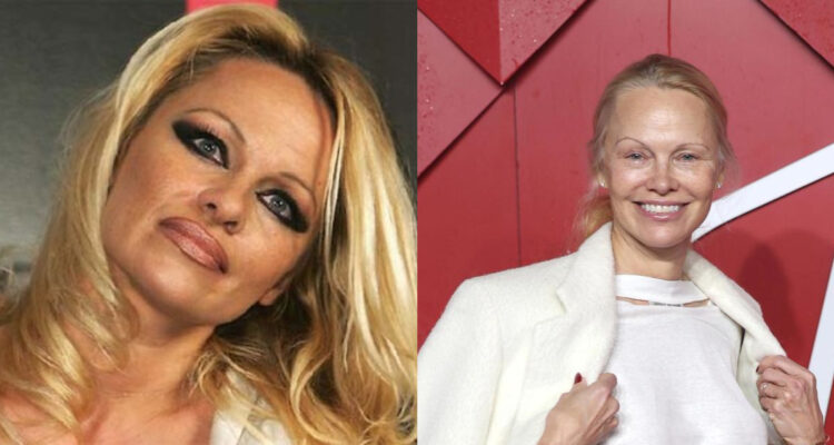 El antes y después de Pamela Anderson con el maquillaje.