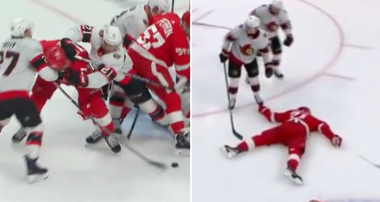 Capitán de los Red Wings se desvanece tras un fuerte golpe en la nuca.