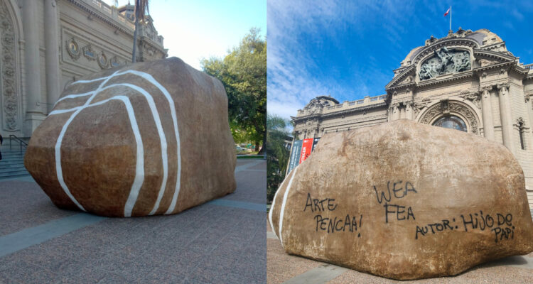 “Arte penca”: Vandalizan enorme roca expuesta afuera del Museo Nacional de Bellas Artes
