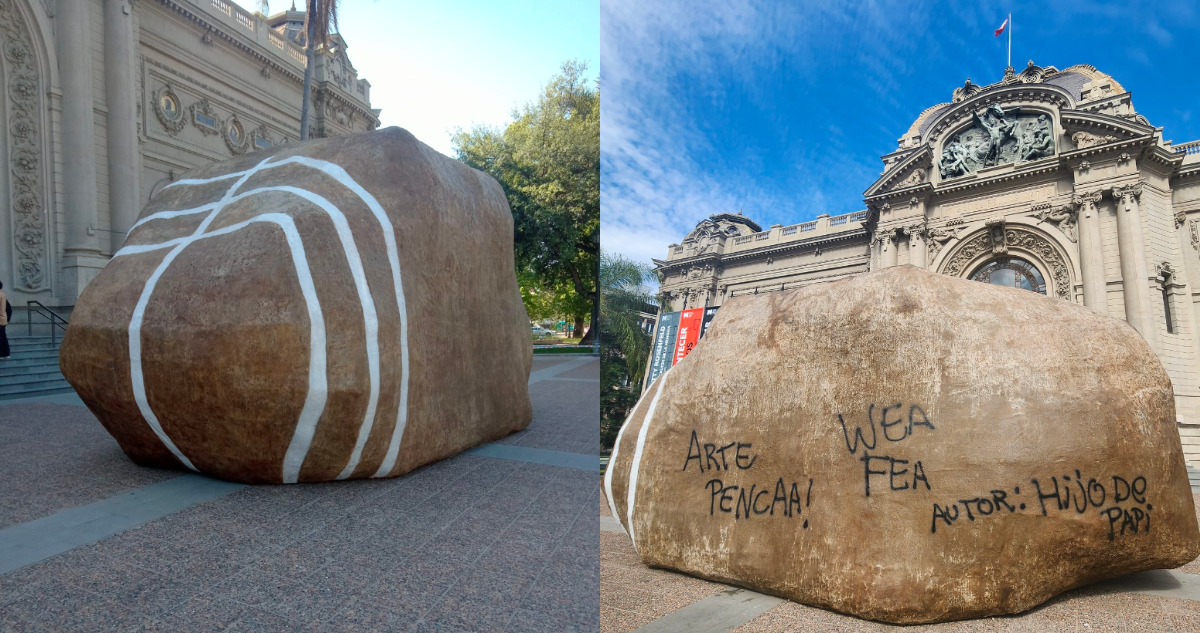 “Arte penca”: Vandalizan enorme roca expuesta afuera del Museo Nacional de Bellas Artes