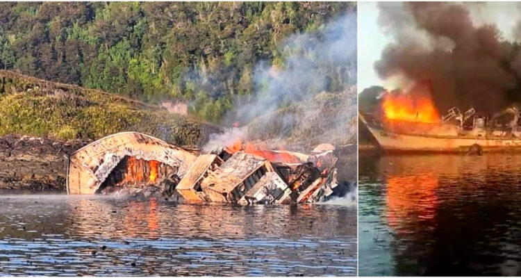 Salvada providencial de tripulantes y pasajeros de lancha que se incendió en el mar austral de Chile