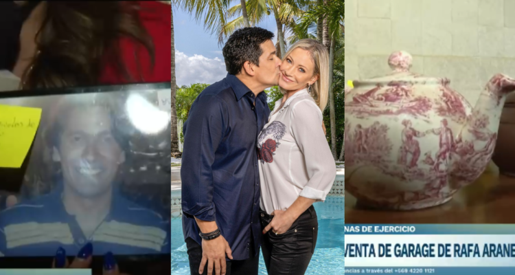 Captura del Puzzle con el rostro de Rafa Araneda (izquierda); El animador junto a su esposa Marcela Vacarezza (centro) y captura de colección de teteras (derecha) en referencia a su venta de garage