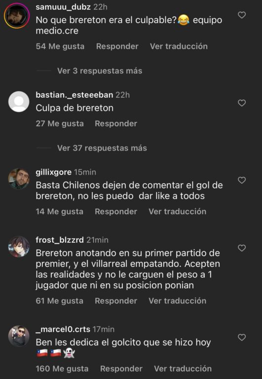 comentarios de chilenos en el Instagram del Villarreal tras gol de Ben Brereton - 1