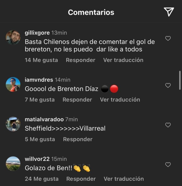 comentarios de chilenos en el Instagram del Villarreal tras gol de Ben Brereton - 2