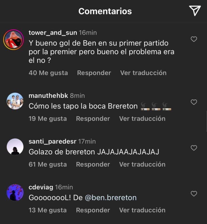 comentarios de chilenos en el Instagram del Villarreal tras gol de Ben Brereton - 3
