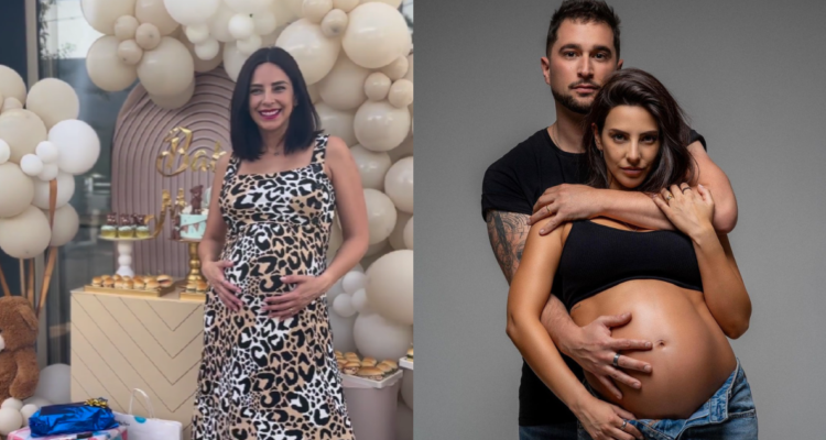 Daniela Castillo en el baby shower de su hijo (izquierda) y junto a su pareja (derecha)