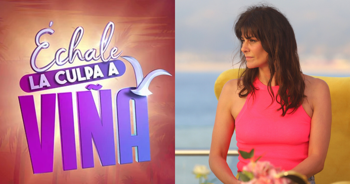 Logo de Échale la culpa a Viña (izquierda) y Tonka Tomicic en el programa del 2022 (derecha)