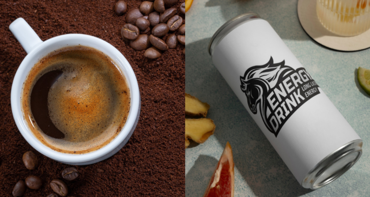 Taza de café (izquierda) y bebida energética (derecha) en referencia a los daños que hacen al cuerpo