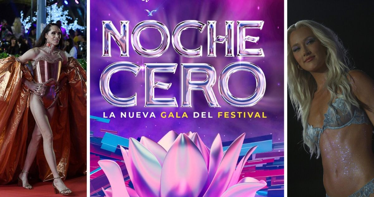 DiMondo (izquierda), póster gala Festival de Viña (centro) Vesta Lugg en gala del 2023 (derecha)