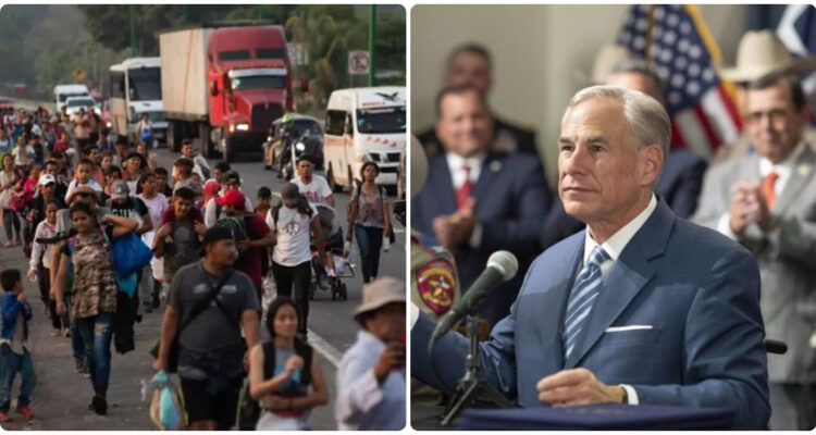 Imagen de archivo de migrantes mexicanos y el gobernador de Texas, Greg Abbott