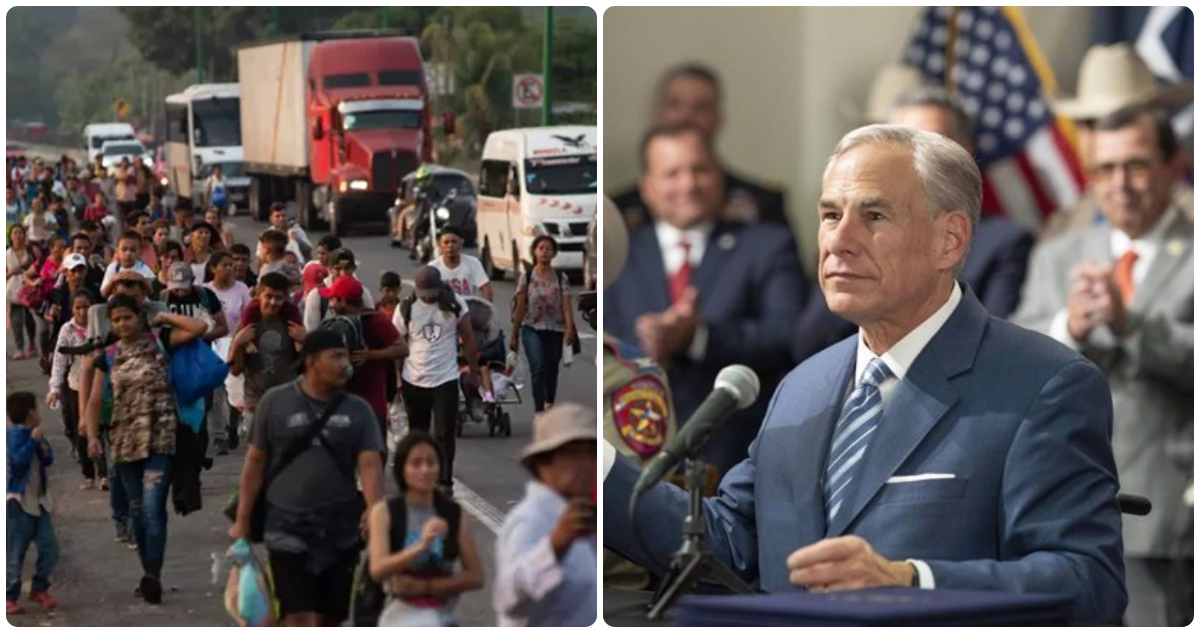 Imagen de archivo de migrantes mexicanos y el gobernador de Texas, Greg Abbott