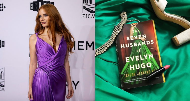 Jessica Chastain (izquierda) y portada del libro Los siete maridos de Evelyn Hugo (derecha)
