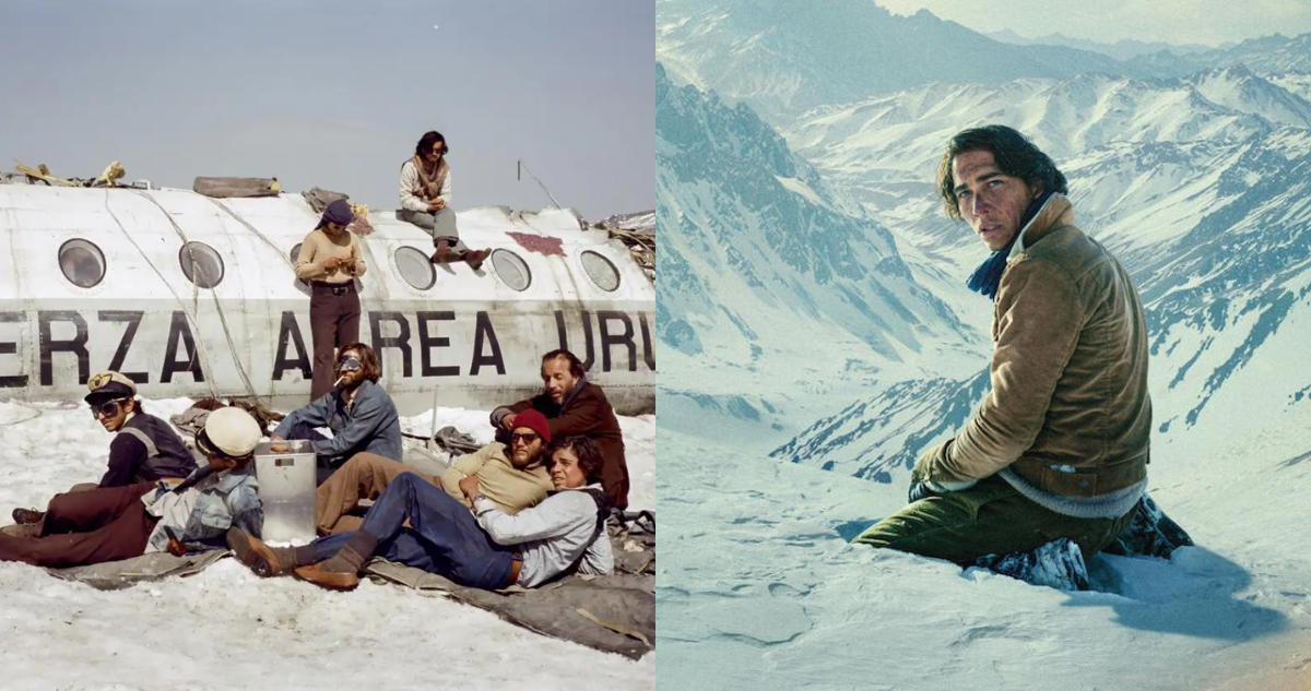 Fotografía real de capotaje de rugbistas uruguayos (izquierda) y del póster oficial de La sociedad de la nieve de Netflix (derecha)