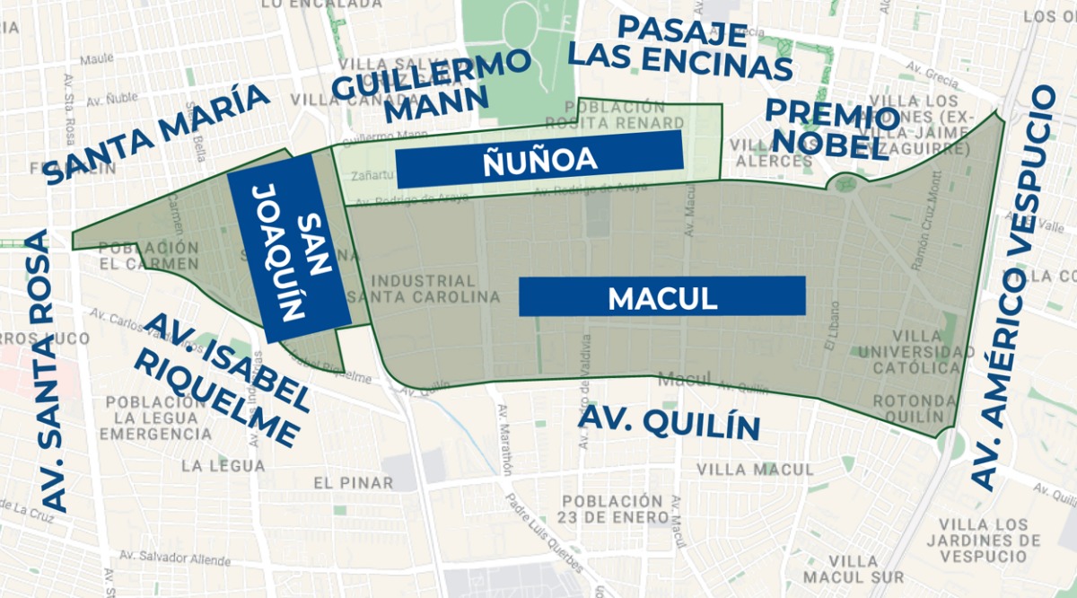 Mapa de los sectores del mega corte de agua en Ñuñoa, Macul y San Joaquín