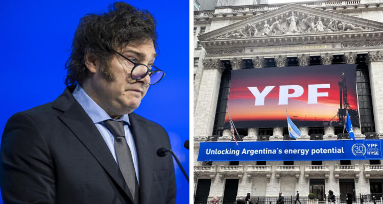 izquierda: Javier Milei derecha: ypf en la bolsa de nueva york