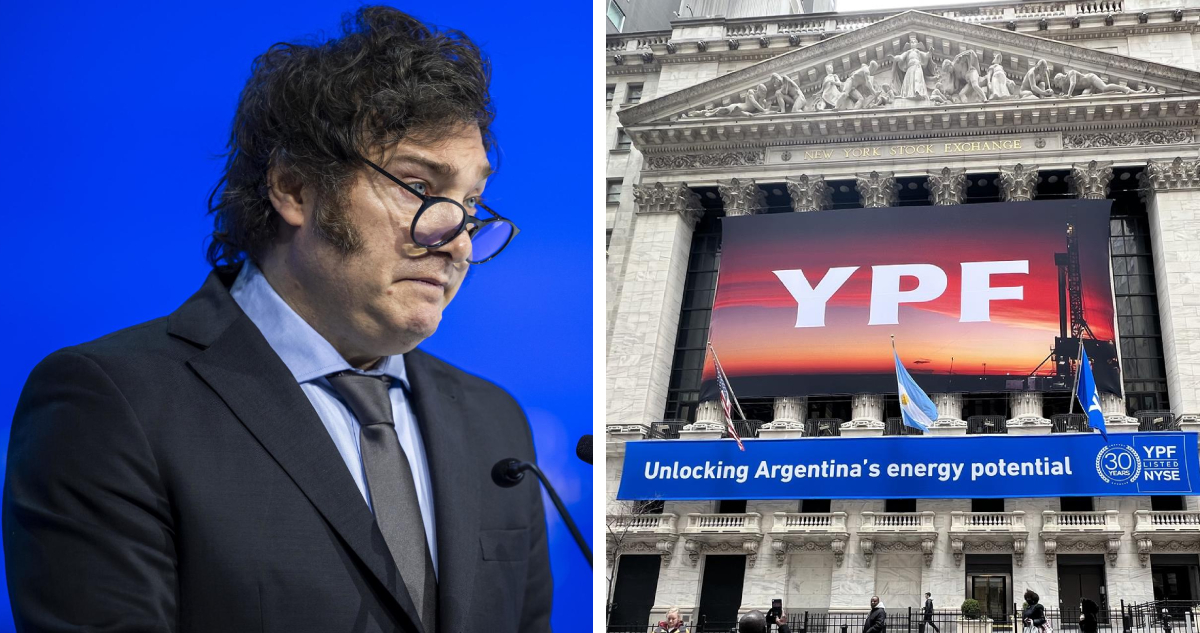 izquierda: Javier Milei derecha: ypf en la bolsa de nueva york