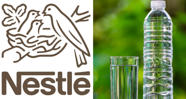 Logo de Nestlé (izquierda) y botella de agua mineral (derecha)