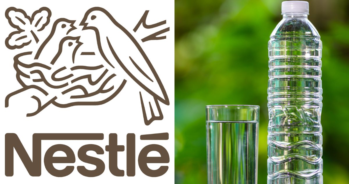 Logo de Nestlé (izquierda) y botella de agua mineral (derecha)