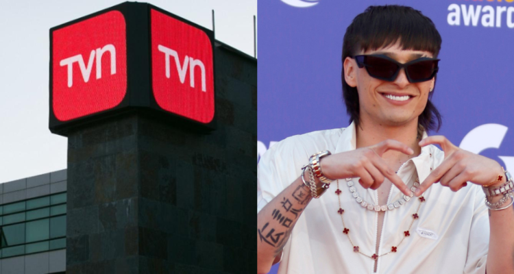 Fachada de TVN (izquierda) y de Peso Pluma (derecha) en referencia a polémica en Viña 2024