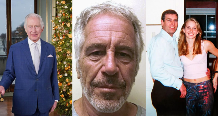 Rey Carlos III (izquierda); Jeffrey Epstein (centro) y el Príncipe Andrés (derecha) en referencia a la Lista de Epstein